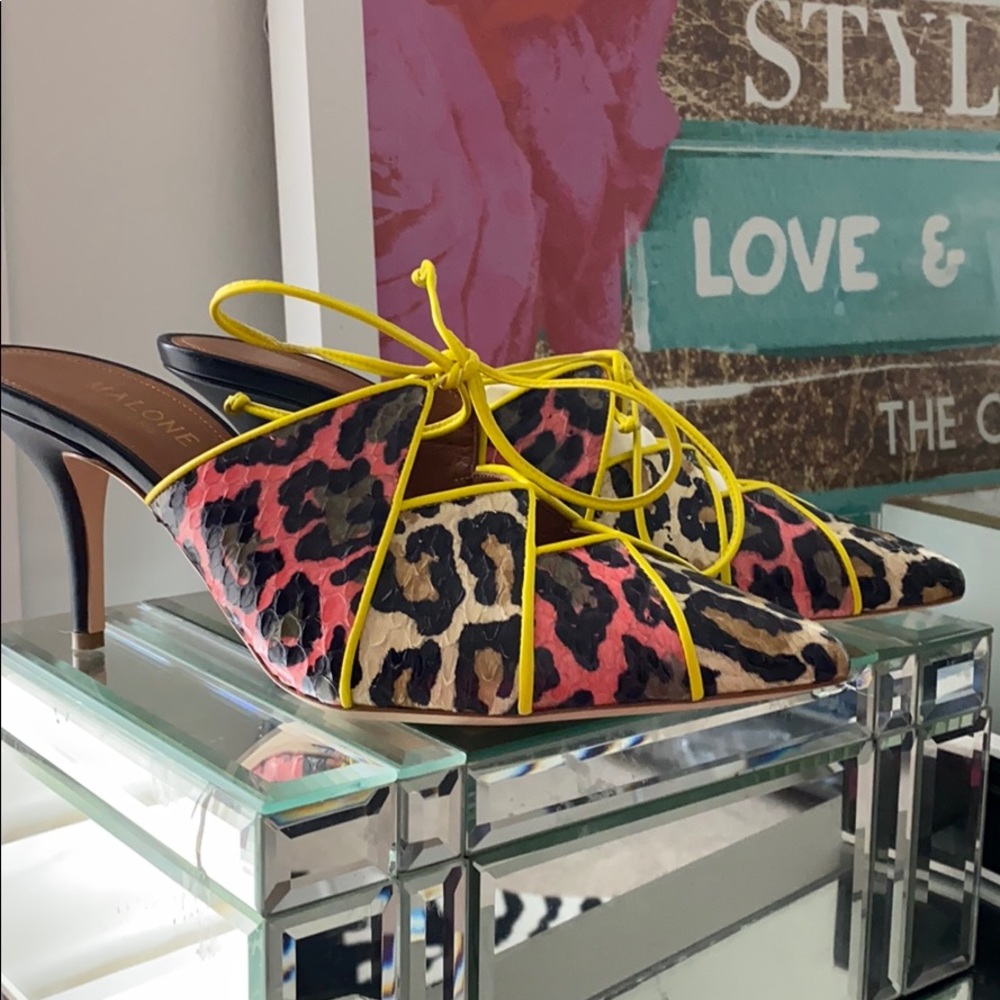 Malone Souliers Pink Leopard Print Pointed Mules with Yellow Trim